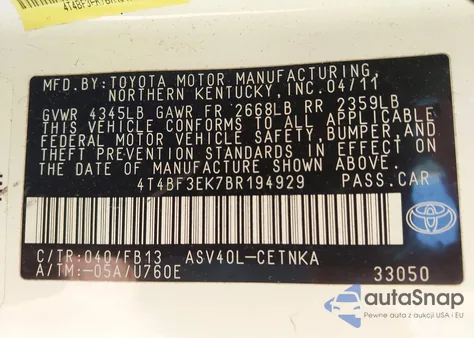 2011 Toyota Camry Le из США, поврежденный, VIN 4T4BF3EK7BR194929